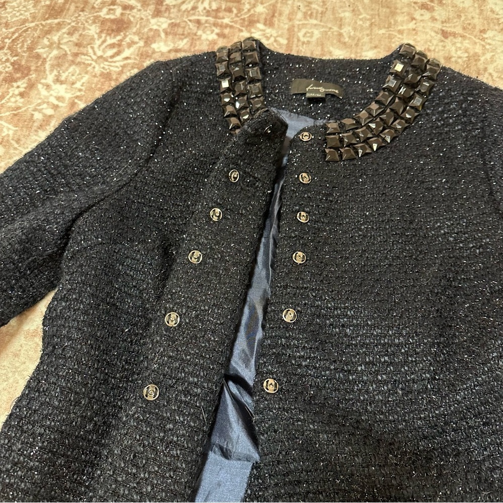 Rhinestone Navy Tweed Metallic 3/4 Sleeve Jacket - Picture 7 of 12
